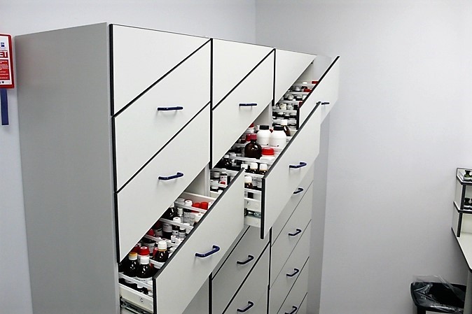 Smart laboratory storage with angled drawer and bespoke stepped plastic drawer inner